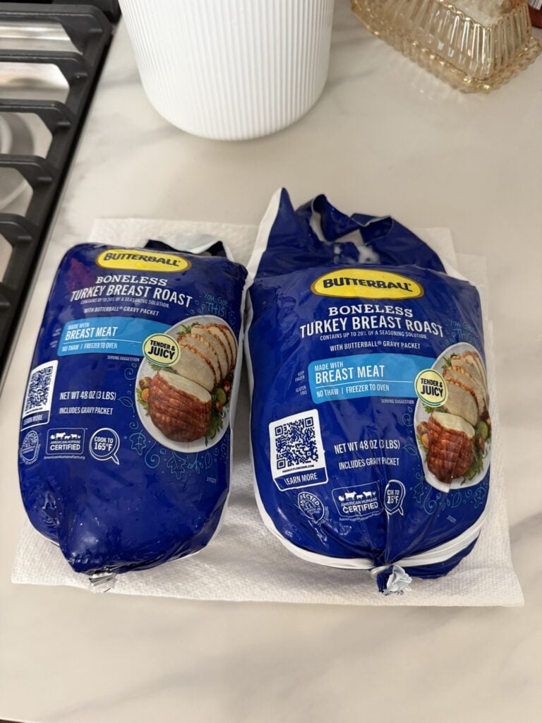 wo Butterball boneless turkey breast roast packages, each labeled 3 pounds including a gravy packet.