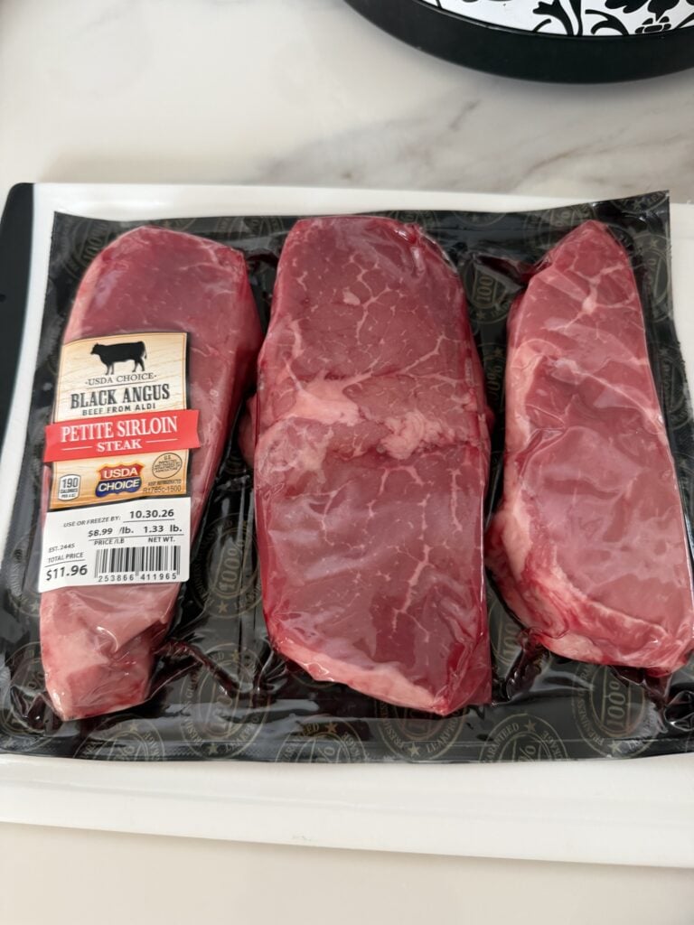 Package of three small sirloin steaks used to make skillet steak bites.