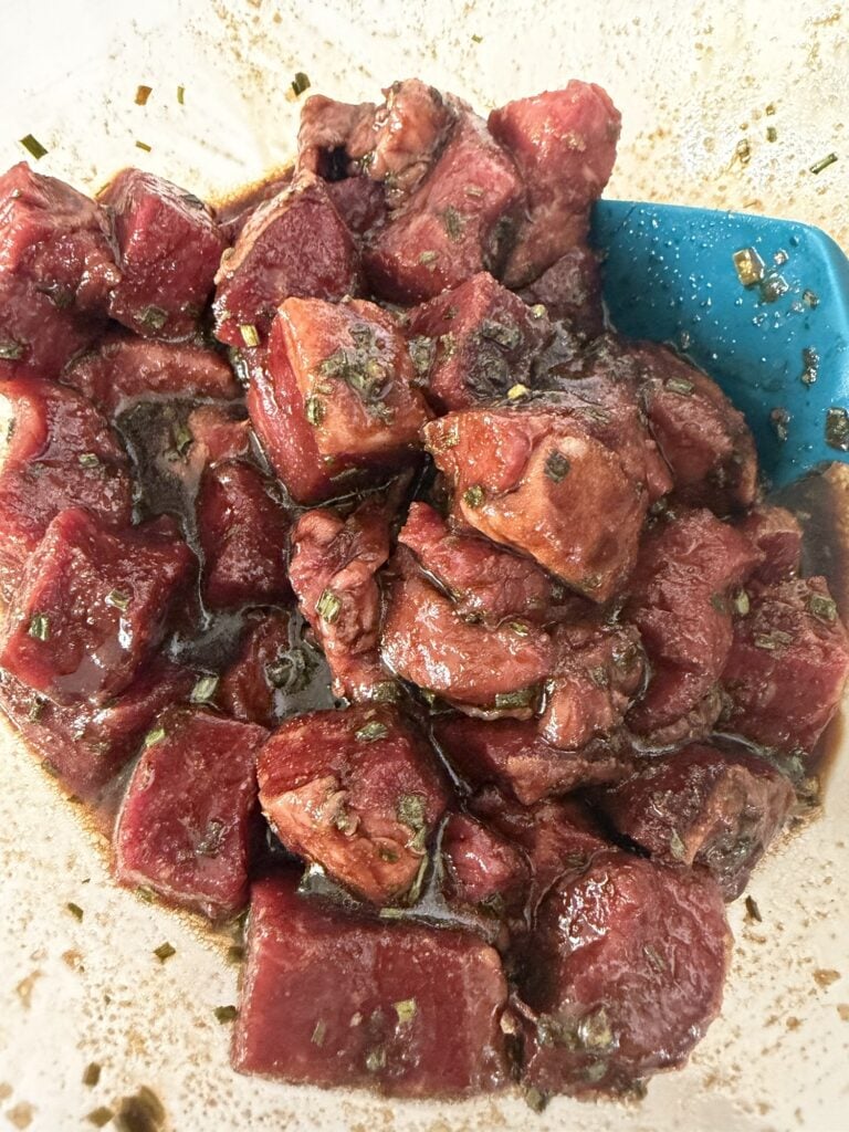 Sirloin steak cubes in the marinade