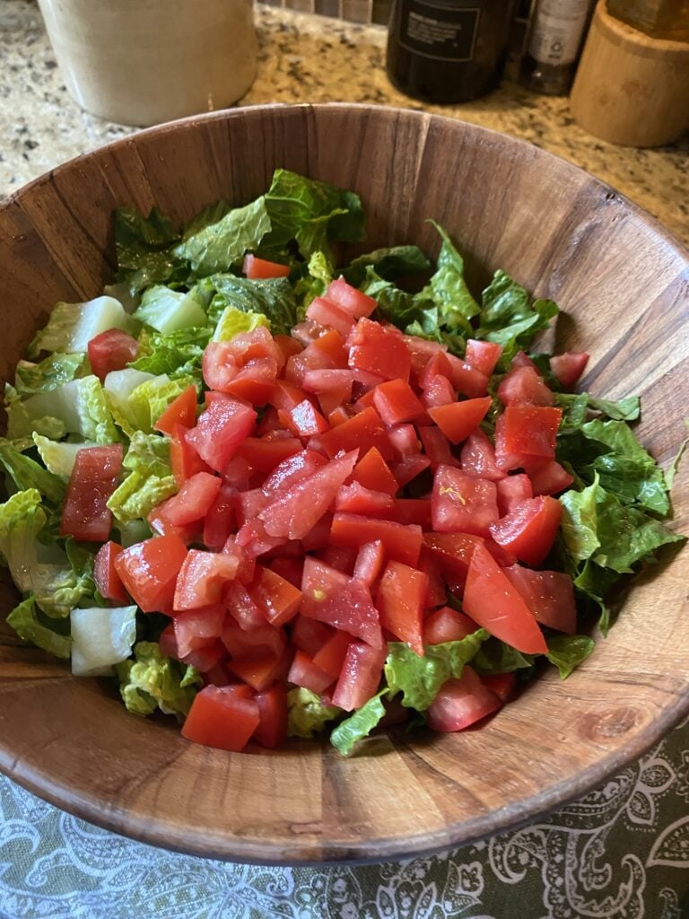 Fresh tomatoes and chopped romaine for BLT Pasta Salad
