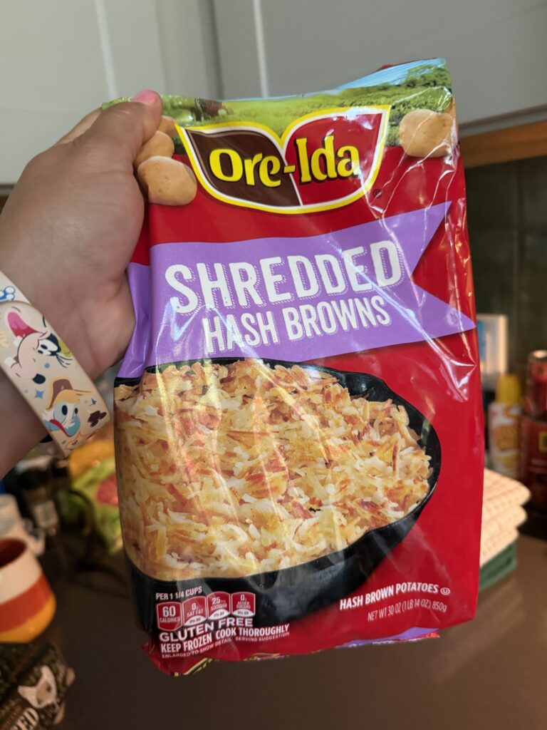 Thirty ounce bag of Ore-Ida frozen shredded hash browns used for the breakfast bake.